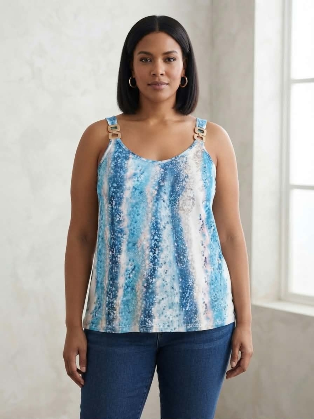 Abstract Blue White Tank Top Square Neck Gold Ring Straps XL
